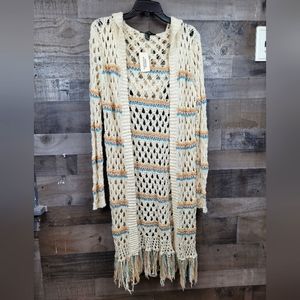 Forever 21 Open Cardigan Hoodie Crochet Knit Fringe Hem